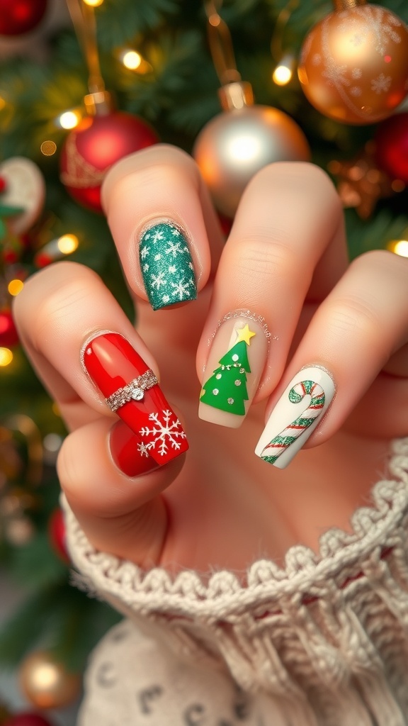 Trendy Christmas nail art designs with snowflakes, trees, and candy canes in festive colors.